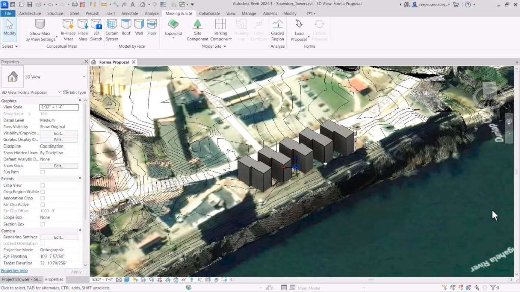 Revit workspace displaying a detailed architectural model integrated with Forma, showing a seamless transition from conceptual design to detailed development, highlighting the collaborative features of human-AI cooperation in architectural workflows.