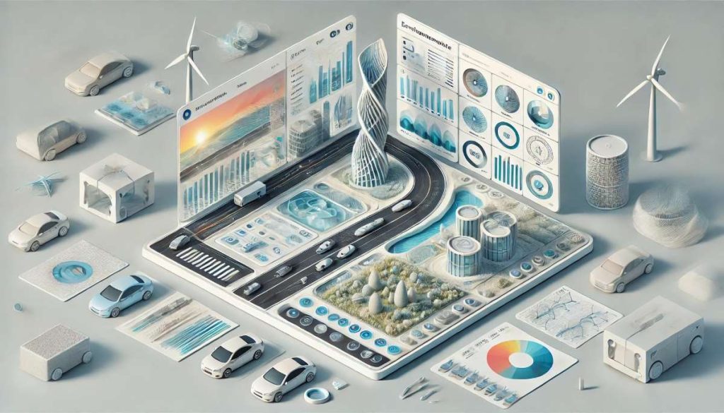 Illustration of an AI driven dashboard showing data and sustainability analysis