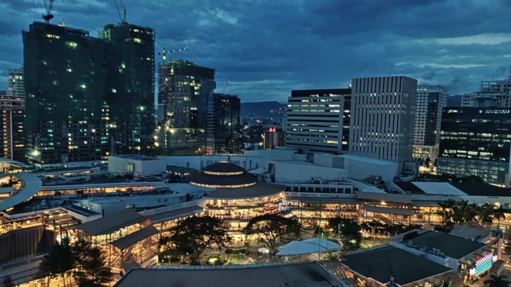 Panoramic view of a convention center district in a Philippine city.