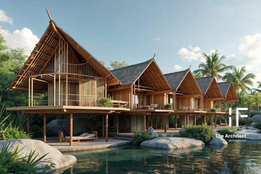 A contemporary Filipino architectural design blending traditional elements with sustainable innovations and handcrafted details in a resort setting.