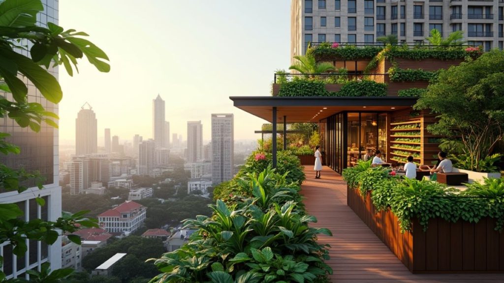 A rooftop garden in an urban setting with lush greenery, vertical planters, and a vibrant social space, showcasing sustainable urban farming and regenerative landscaping.