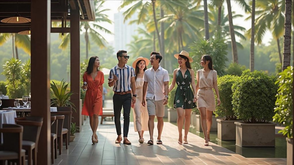 Filipinos enjoying a stroll along shaded walkways and green public spaces in Philippine architecture in 2025.