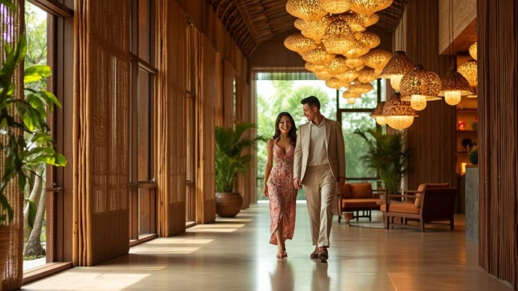 A couple walking inside a boutique hotel featuring local cultural designs.