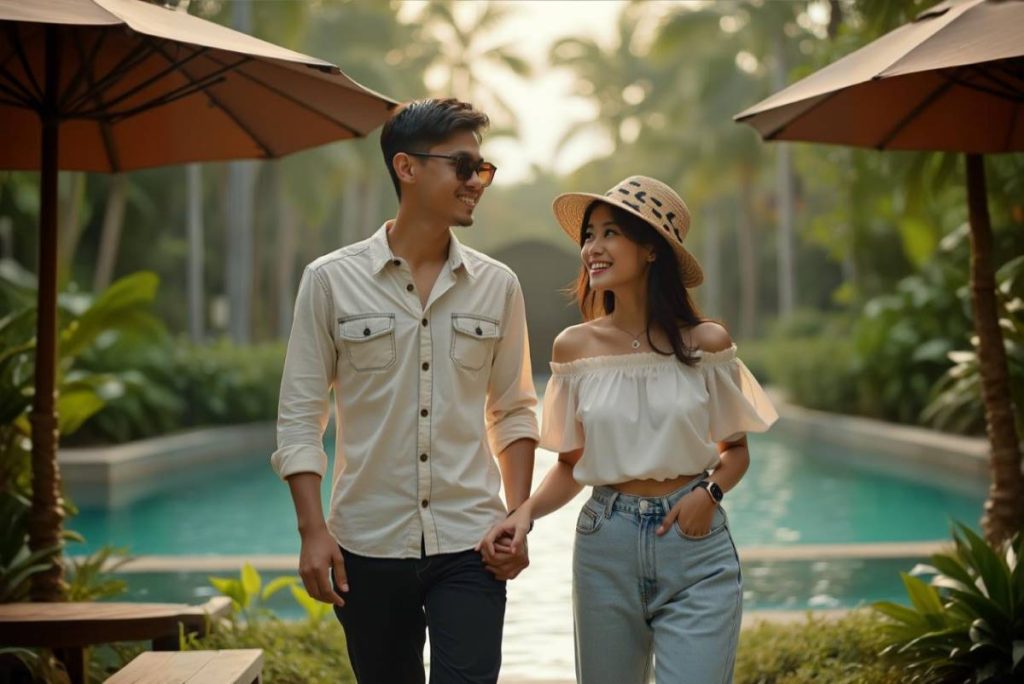 Stylish couple enjoying a boutique hotel near a tourist spot with a tropical ambiance.