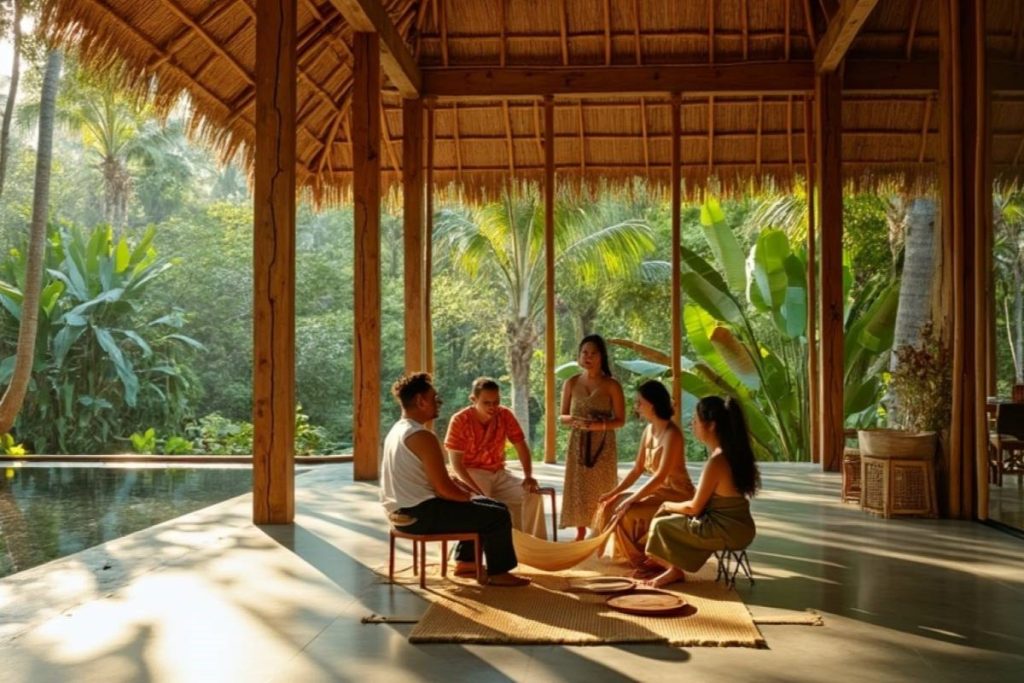 Tourists participating in a cultural workshop near a tourist spot.