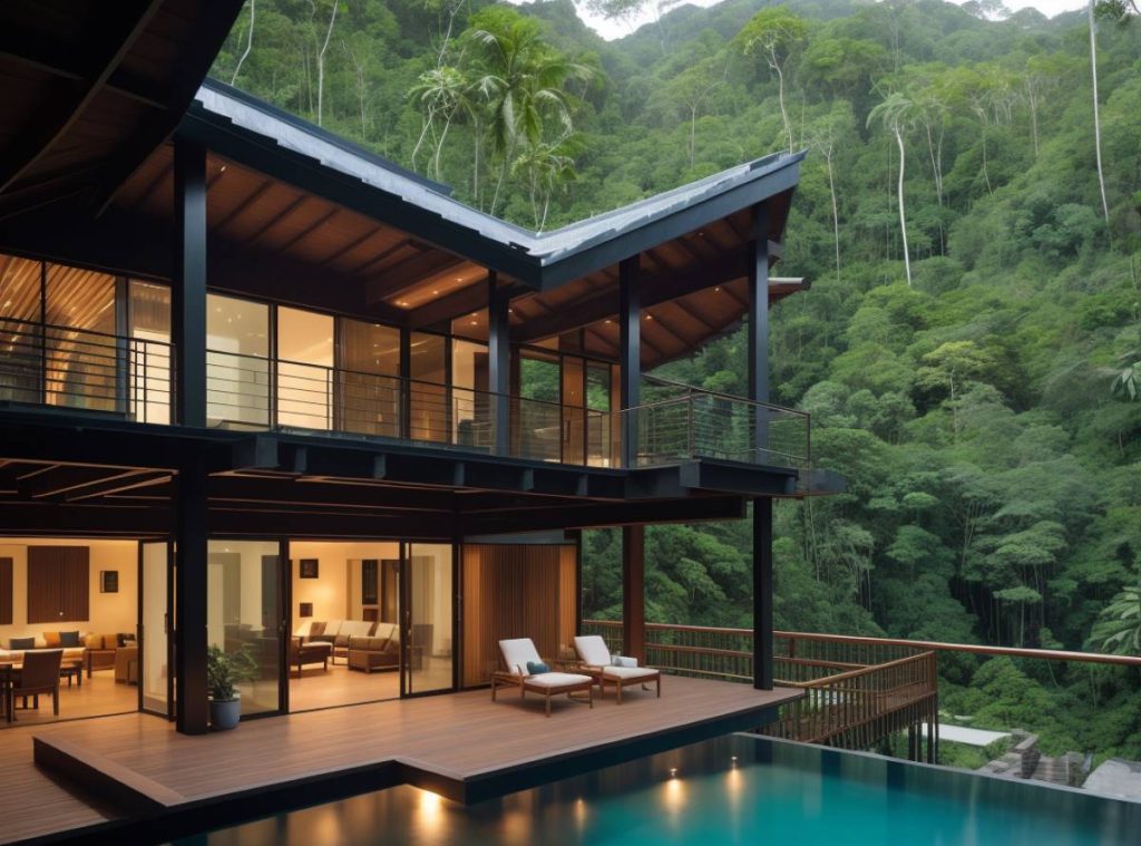 Luxury eco-lodge with an infinity pool in a lush tropical setting, a prime example of sustainable property near tourist spots.